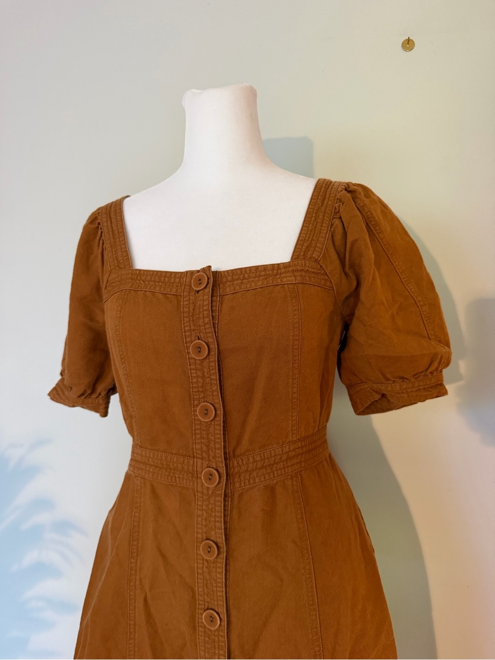 Madewell Seamed Puff-Sleeve Midi Dress Warm Coffee Size 0 Linen Blend - Picture 4 of 15